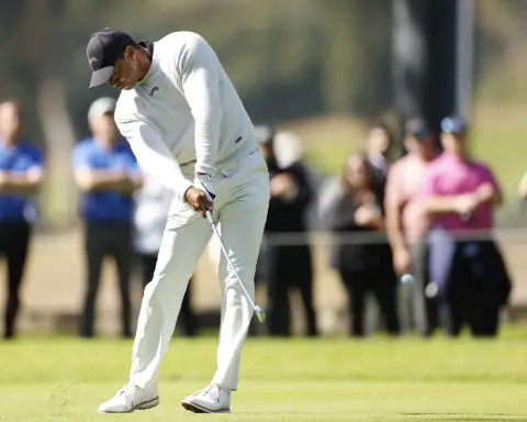 Cantlay leads at Riviera with a 64. Tiger Woods ends his return to golf with a shank