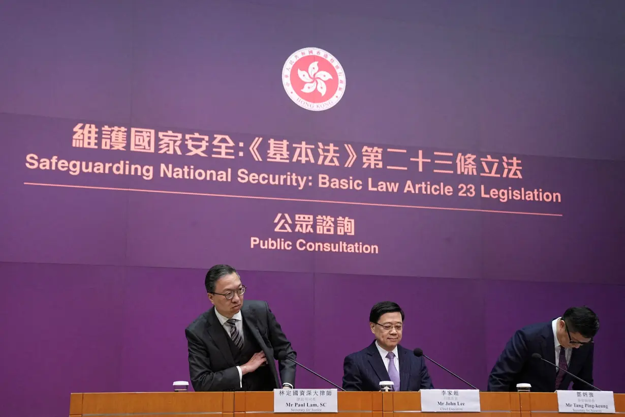 FILE PHOTO: Press conference regarding the legislation of Article 23 national security laws, in Hong Kong