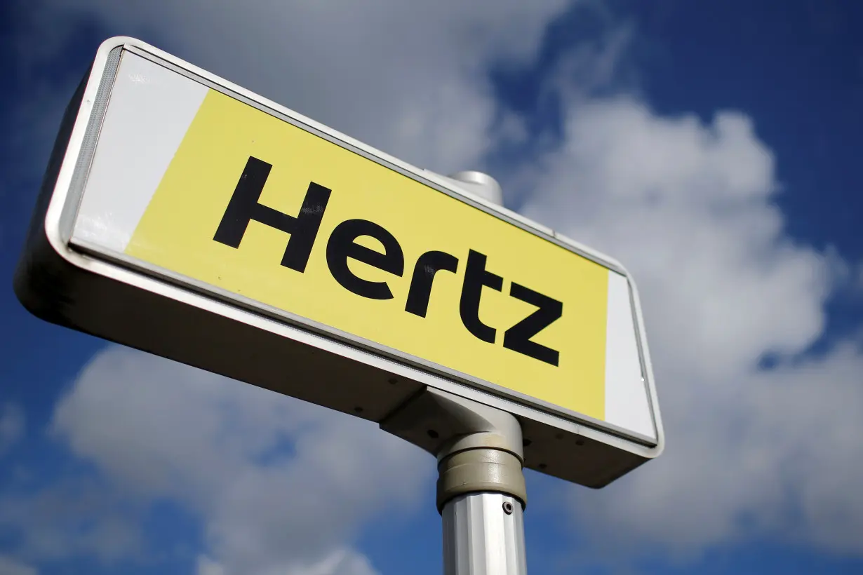 The logo of the American car rental company Hertz is seen at the Nantes-Atlantique airport in Bouguenais near Nantes