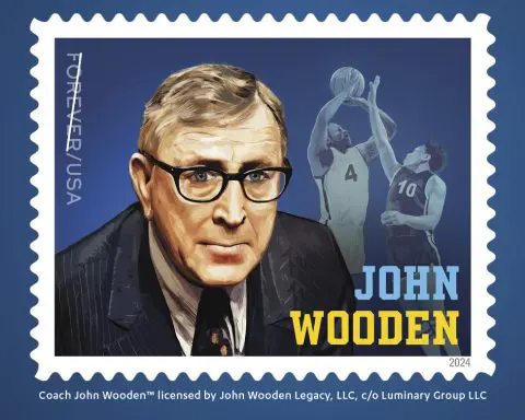 John Wooden stamp unveiled at UCLA honoring the coach who led Bruins to a record 10 national titles