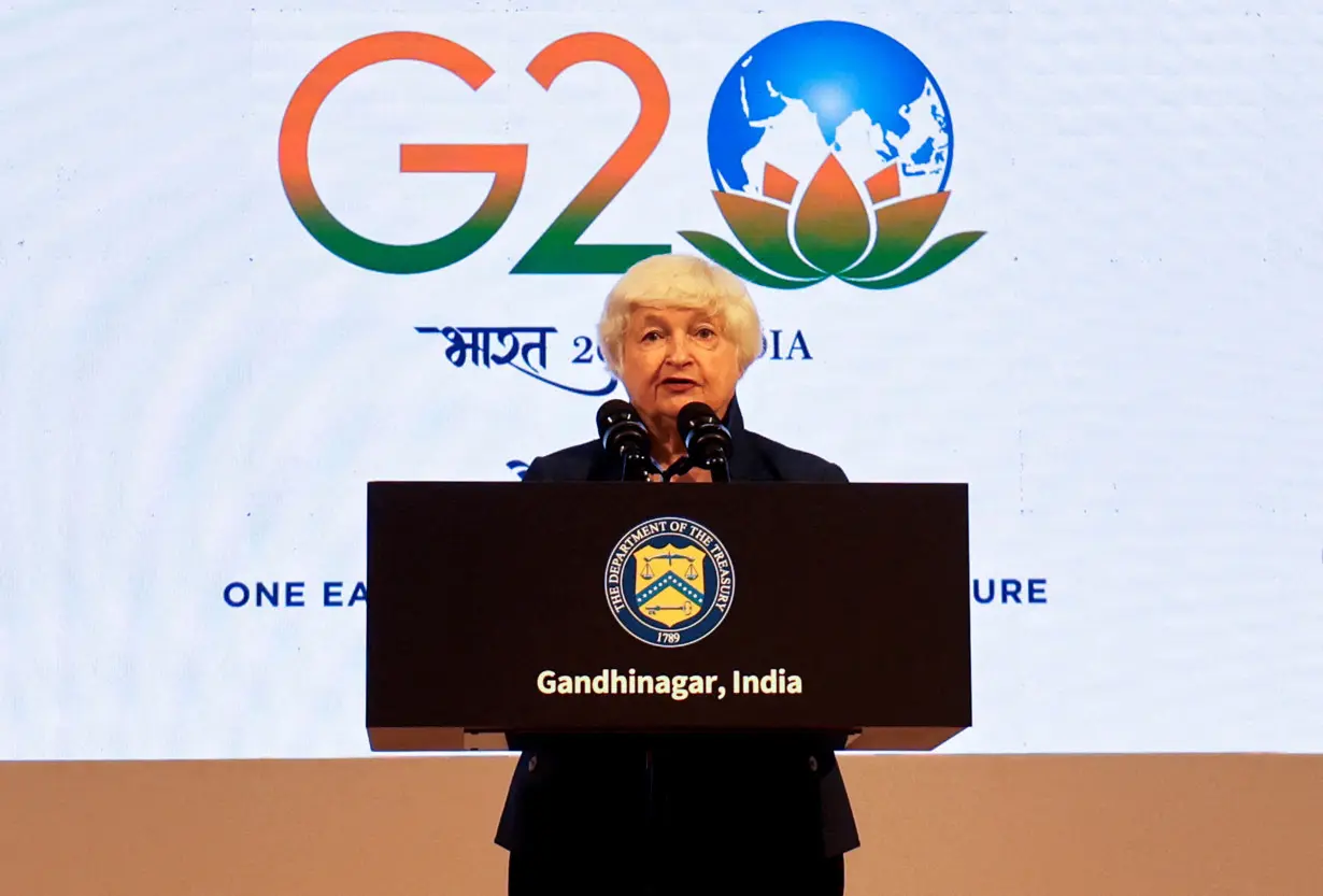 FILE PHOTO: US Treasury Secretary Yellen addresses a news conference during a G20 finance ministers' and Central Bank governors' meeting at Gandhinagar