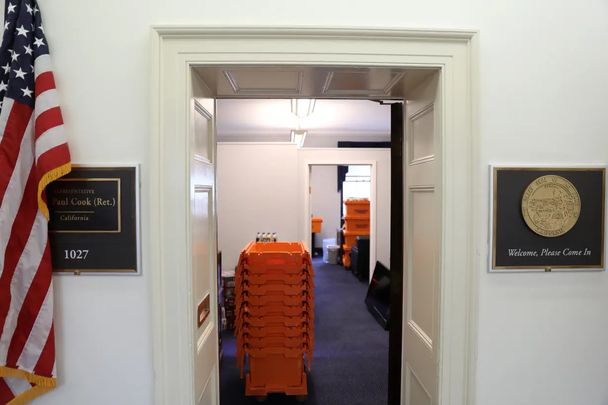 Stacks of moving crates sit in a U.S. Congressional office weeks before the end of the current term on Capitol Hill in Washington