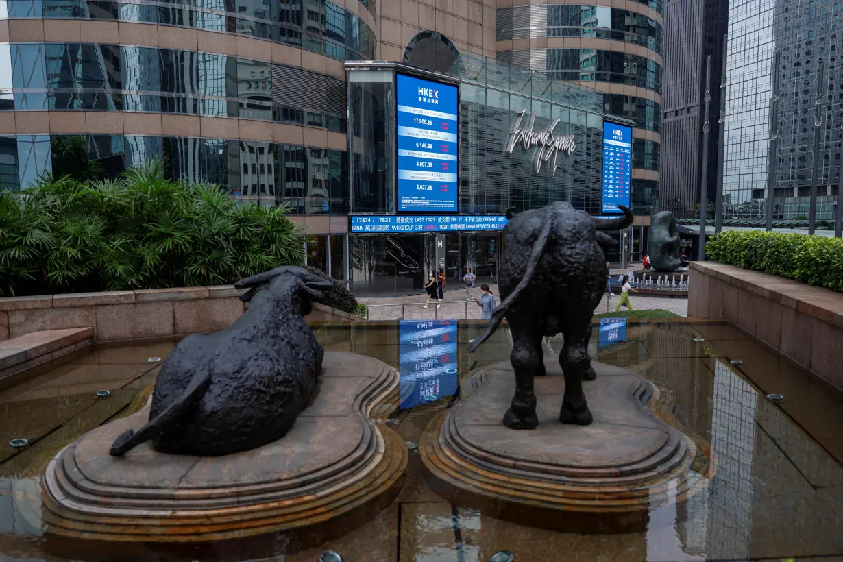 FILE PHOTO: Bull statues are placed in font of screens showing the Hang Seng stock index and stock prices outside Exchange Square, in Hong Kong