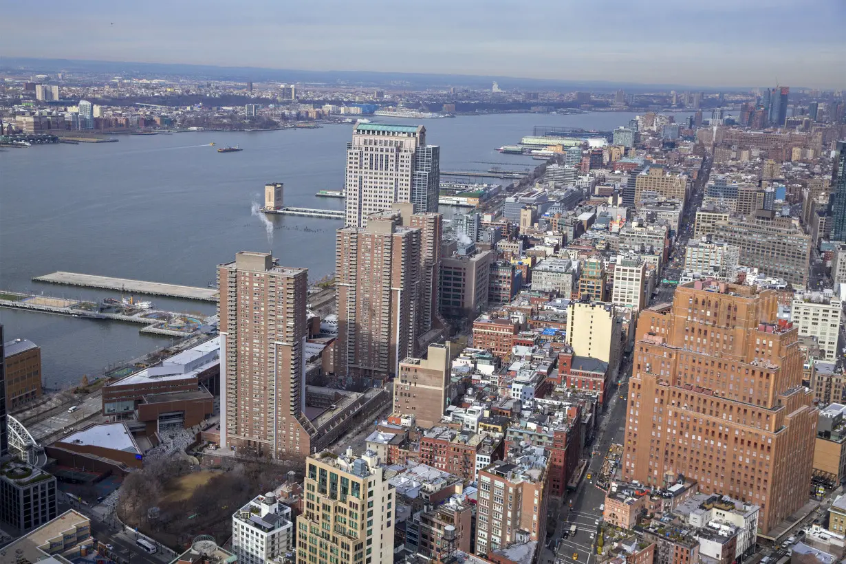 The Hudson River is seen from one of the top floors of the newly built 30 Park Place in the Tribeca neighborhood of New York