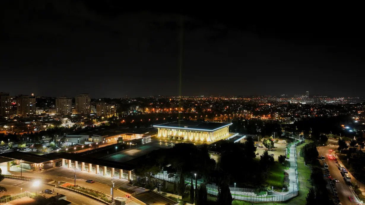 Israel's parliament lit in yellow to support the hostages, in Jerusalem