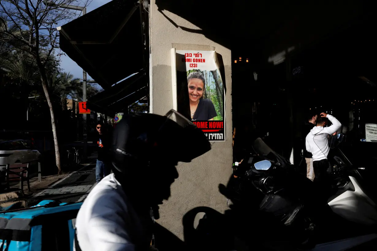 FILE PHOTO: Images of hostages of the deadly October 7 attack and messages of solidarity transform the landscape of the heart of Tel Aviv