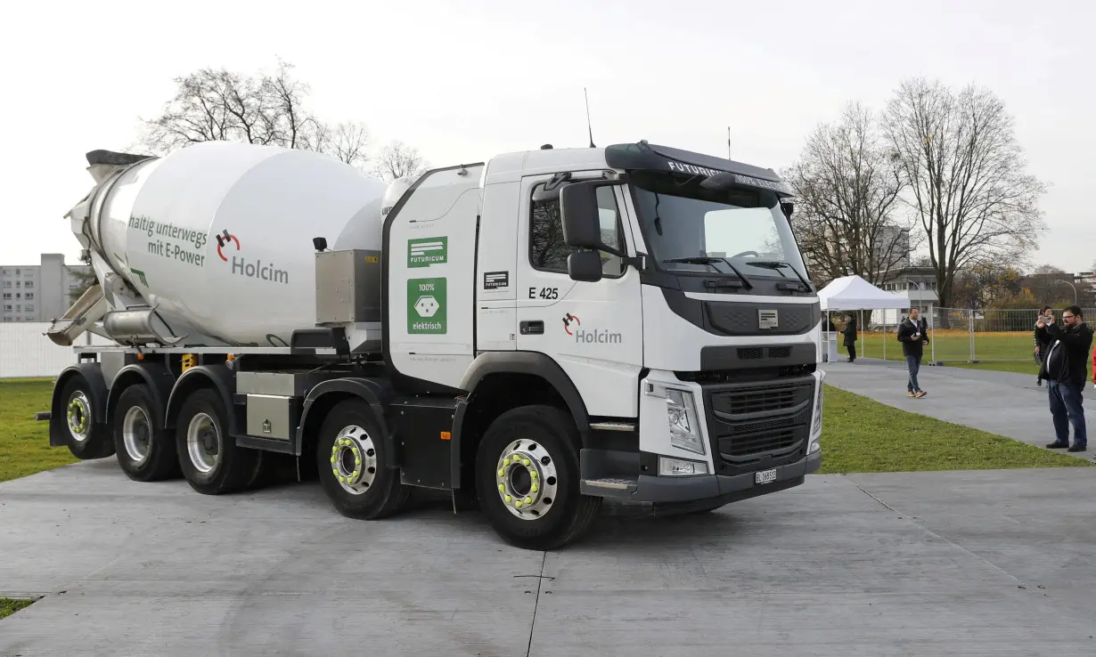 FILE PHOTO: Futuricum E425 concrete mixer truck of Swiss cement maker Holcim is shown in Basel