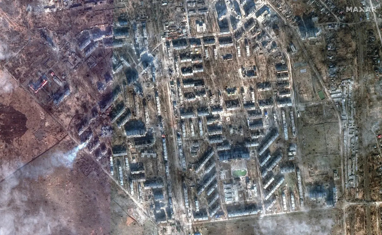 A satellite image shows an overview of the city of Avdiivka