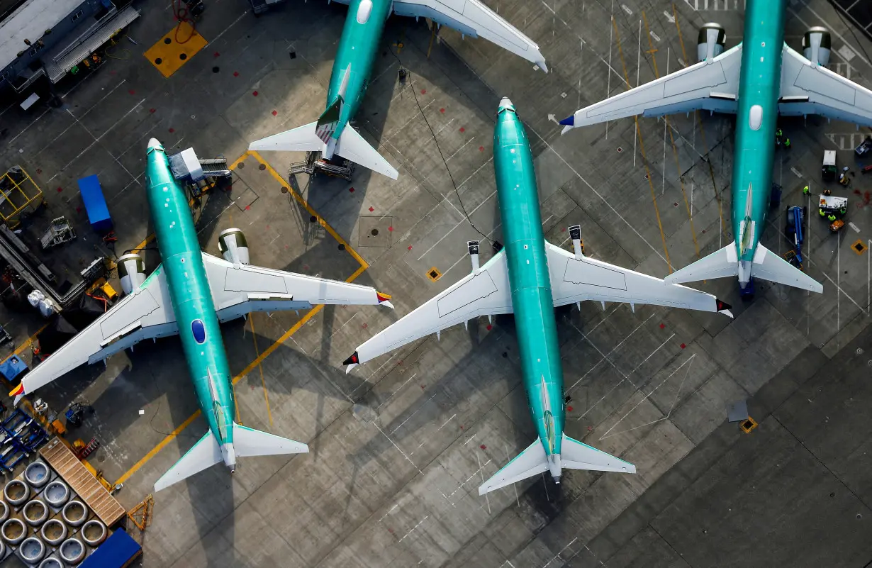 FILE PHOTO: An aerial photo shows Boeing 737 MAX airplanes parked on the tarmac at the Boeing Factory in Renton