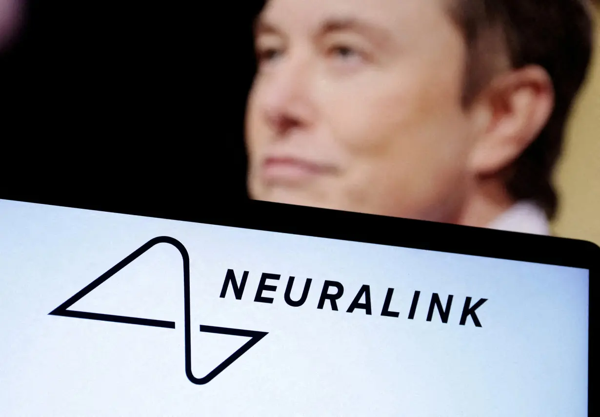 FILE PHOTO: Illustration shows Neuralink logo and Elon Musk photo