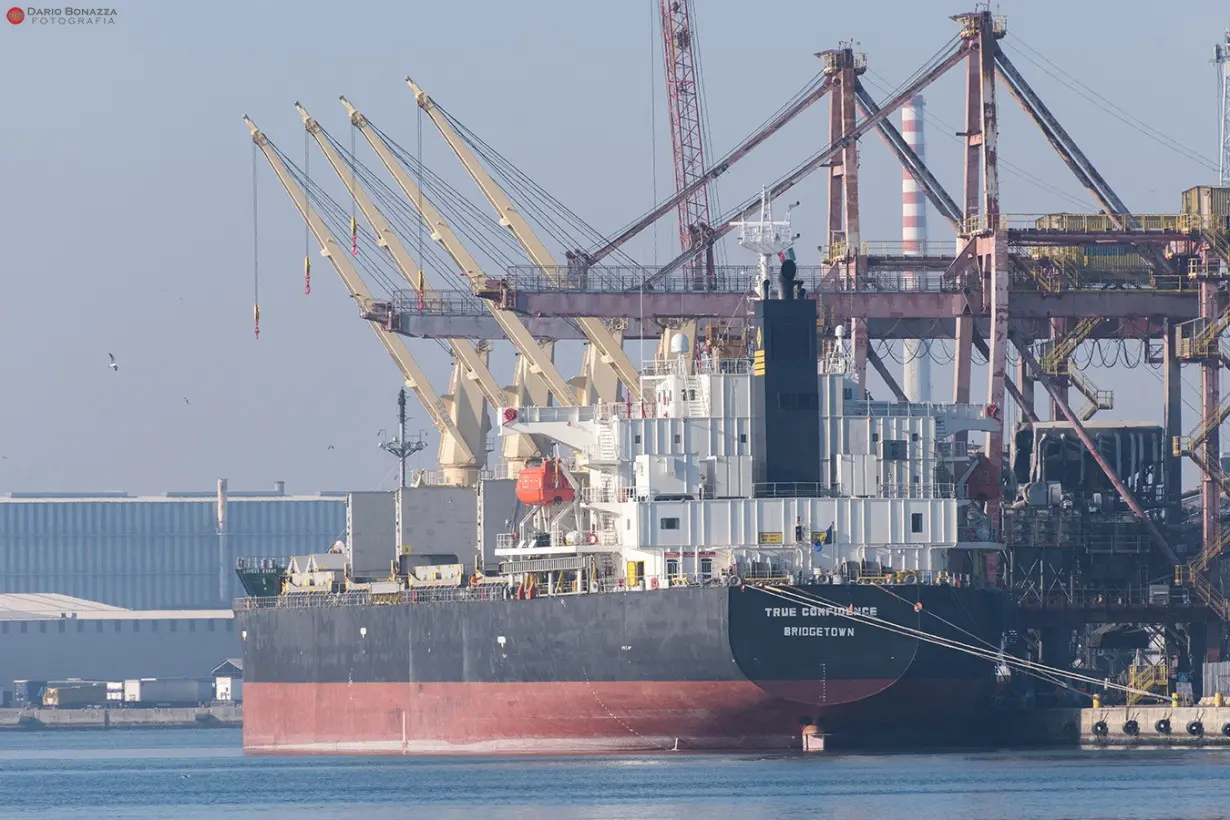 A view shows Barbados-flagged bulk carrier True Confidence, in Ravenna