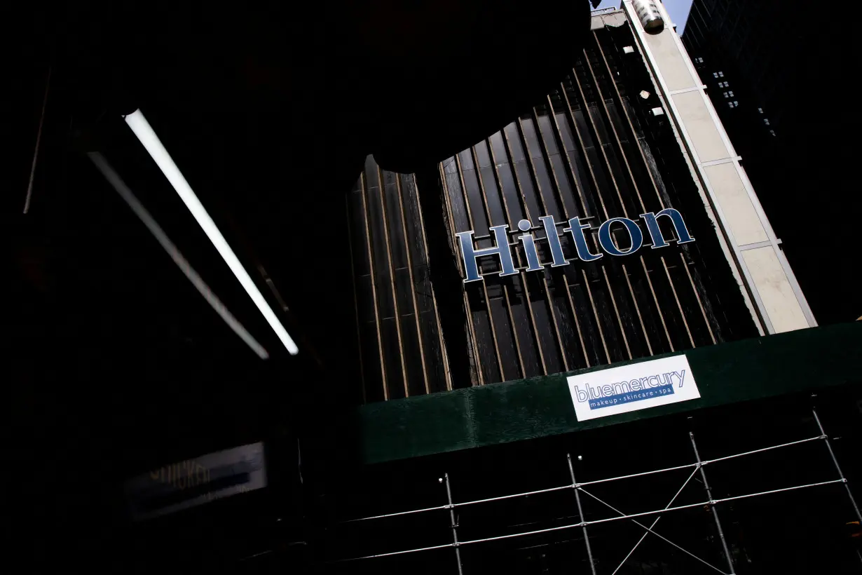 Hilton hotel logo is seen on 52nd street following the outbreak of coronavirus disease (COVID-19) in New York City