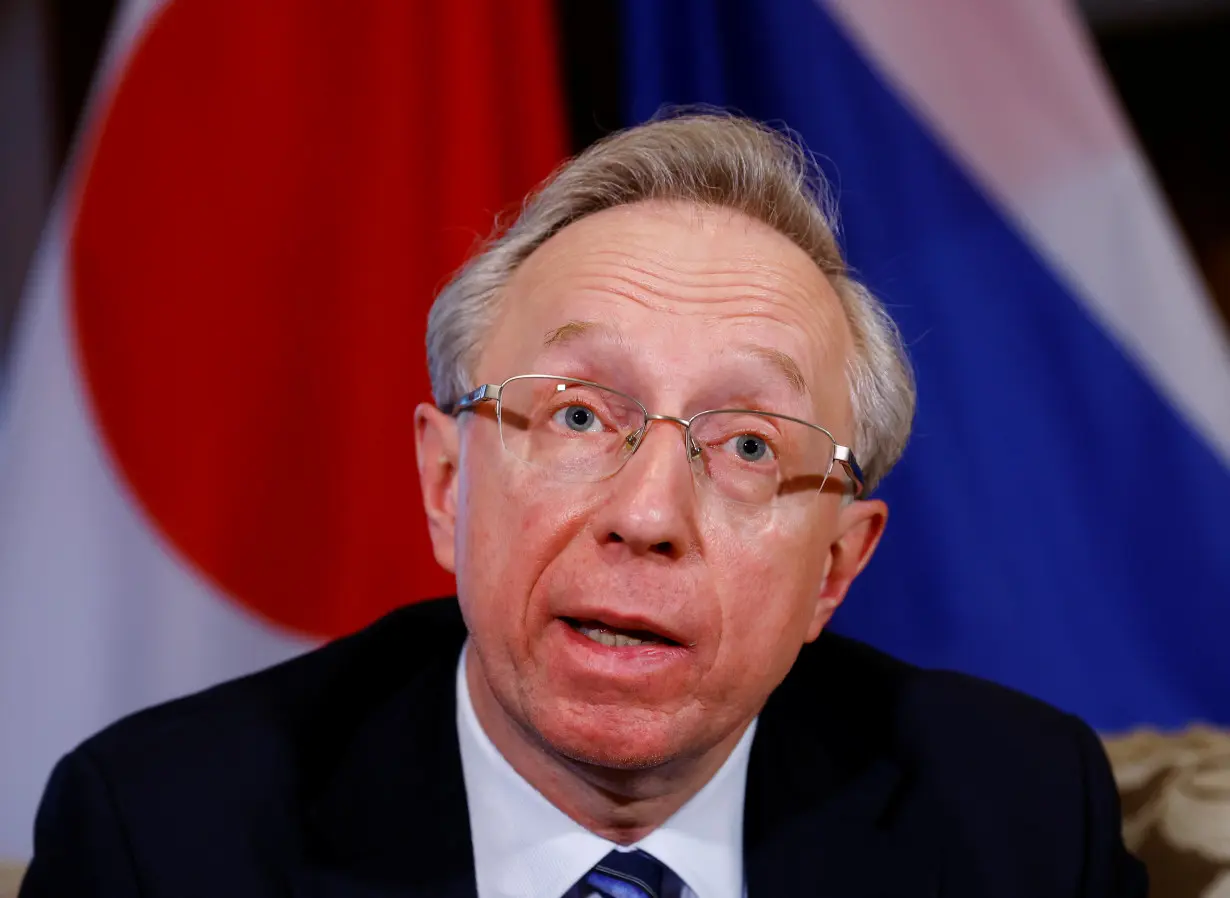 Russian Ambassador to Japan Mikhail Yurievich Galuzin speaks during an interview with Reuters at the embassy in Tokyo