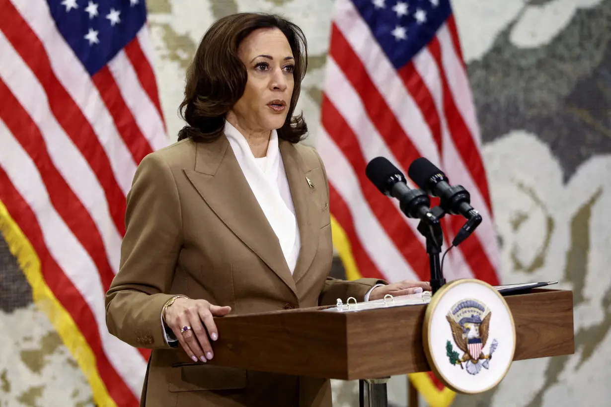 FILE PHOTO: U.S. Vice President Harris delivers remarks on the ongoing conflict between Israel and Hamas, in Dubai