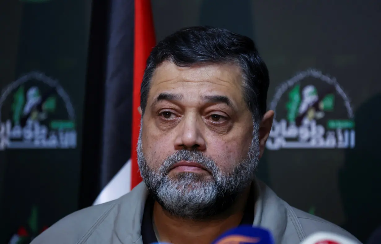 Hamas officials Osama Hamdan and Bassem Naim attend a joint news conference in Beirut