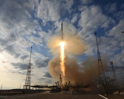 Soyuz spacecraft with American, Russian and Belarusian docks with ISS