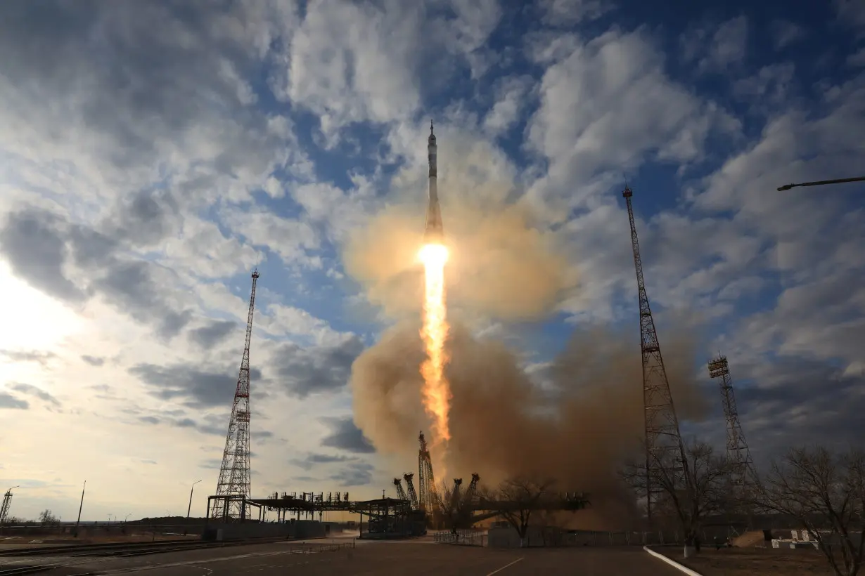 The Soyuz MS-25 spacecraft blasts off to the International Space Station (ISS) from the launchpad at the Baikonur Cosmodrome