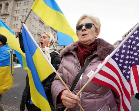 FILE PHOTO: Supporters of Ukraine demonstrate near the White House in Washington