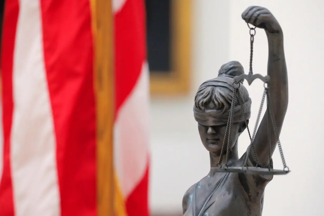 A Lady Justice statue is seen at the Delaware Supreme Court in Dover, Delaware