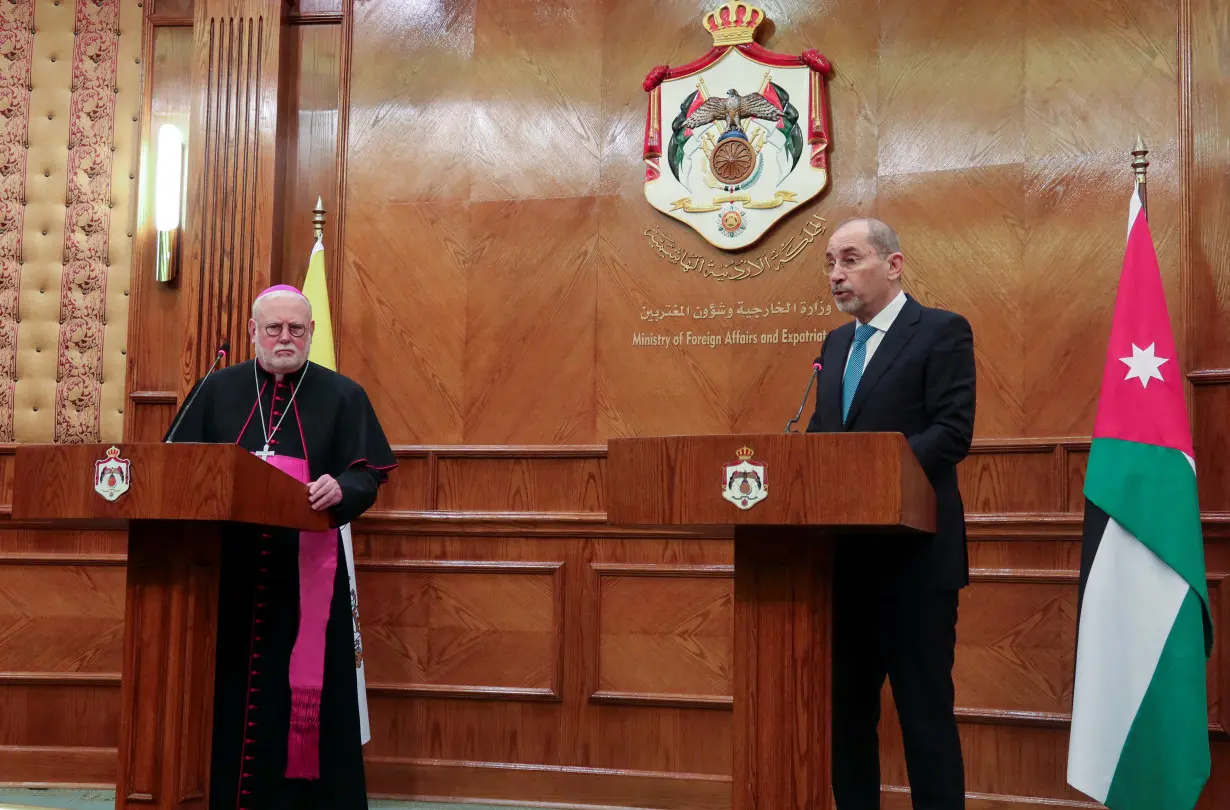 Jordan's Foreign Minister Ayman Safadi speaks during a joint press conference with Archbishop Paul Richard Gallagher, in Amman