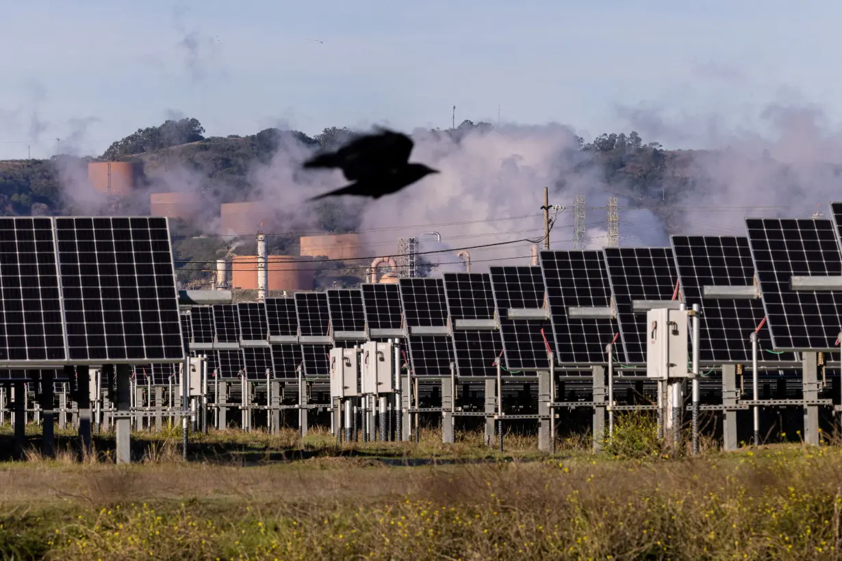 FILE PHOTO: Solar panels are see next to a Chevron refinery in Richmond