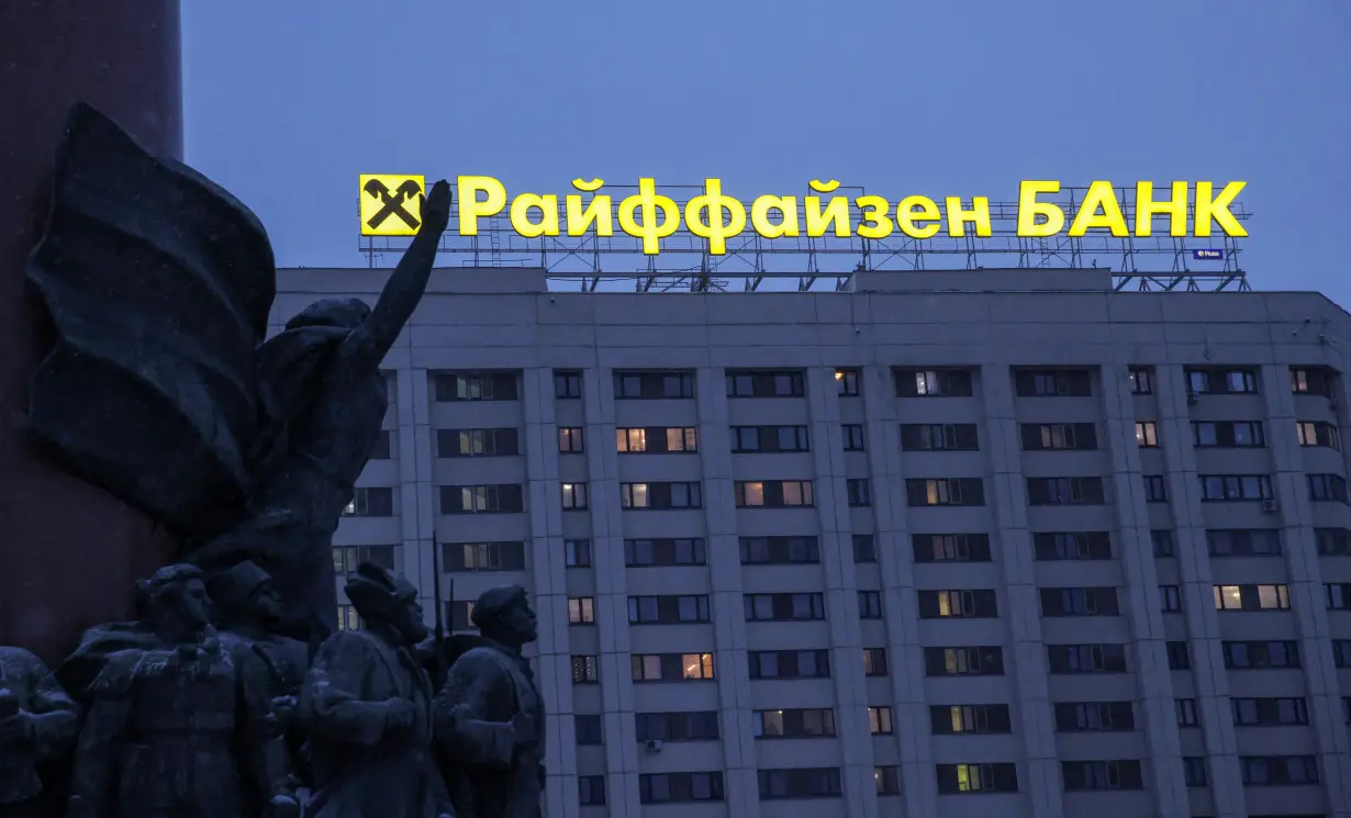 FILE PHOTO: A view shows a signboard advertising Raiffeisen Bank in Moscow