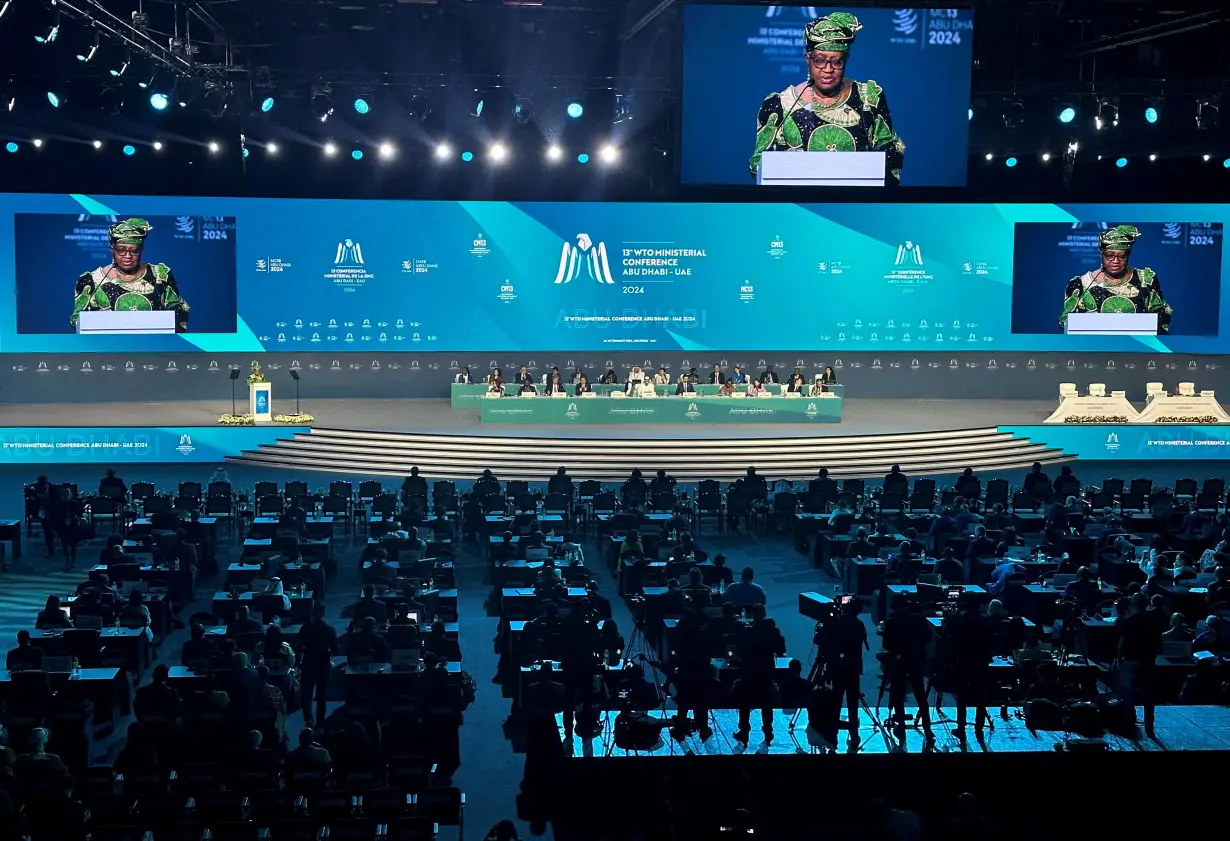 FILE PHOTO: Director-General of the World Trade Organization Ngozi Okonjo-Iweala speaks during the opening ceremony of the WTO ministerial meeting in Abu Dhabi