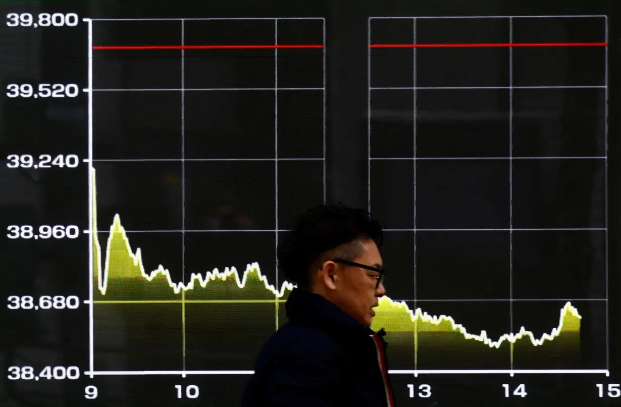 A passerby walks past an electric screen displaying a graph showing today's Japan's Nikkei share average movements in Tokyo