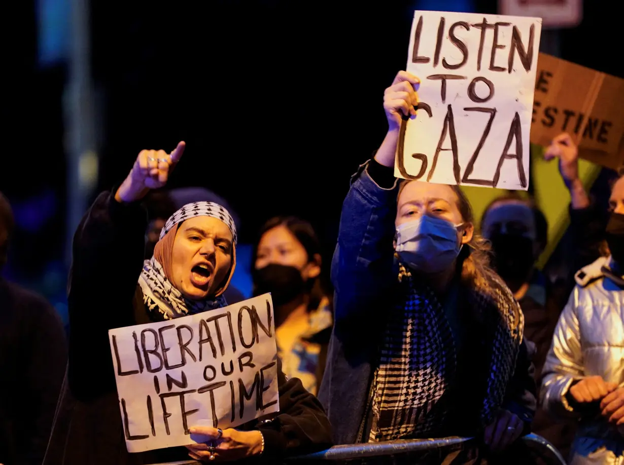 People demonstrate in support of Palestinians in Gaza, during a protest near the annual White House Correspondents’ Association (WHCA) Dinner in Washington