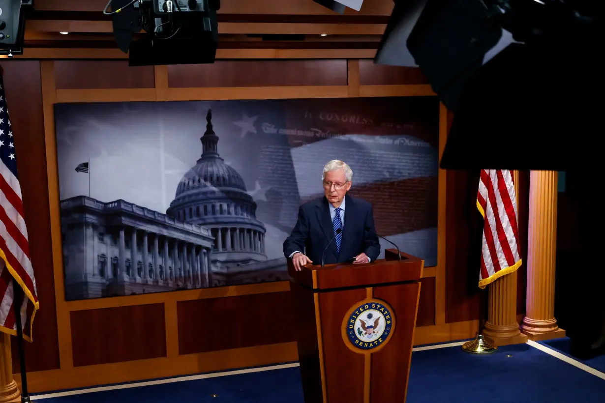 Senate Minority Leader Mitch McConnell speaks during a press conference on Capitol Hill in Washington