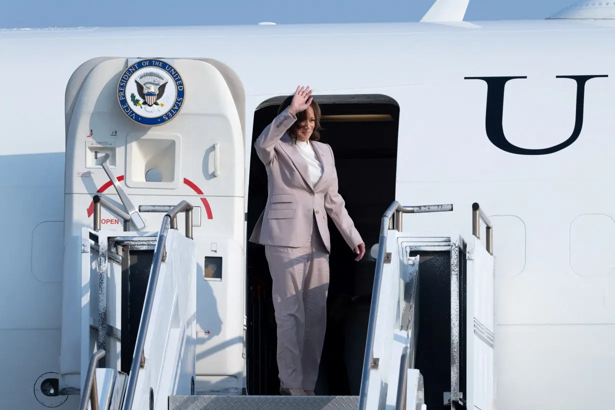 FILE PHOTO: U.S. Vice President Kamala Harris boards Air Force Two