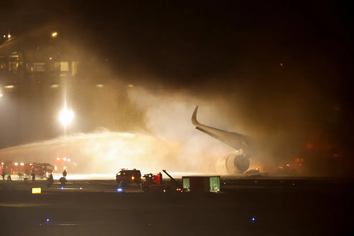 Japan Airlines' A350 airplane on fire at Haneda International Airport in Tokyo