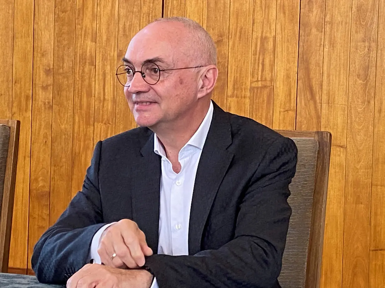 FILE PHOTO: CEO Luc van den Hove of semiconductor research firm imec speaks to reporters on the sidelines of the ITF World conference in Antwerp