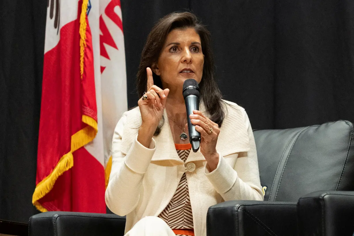 FILE PHOTO: Republican presidential candidate and former U.S. Ambassador to the United Nations Nikki Haley speaks in Sioux Center