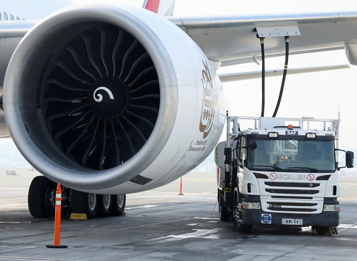 FILE PHOTO: Emirates operates Sustainable Aviation Fuel (SAF) demonstration flight