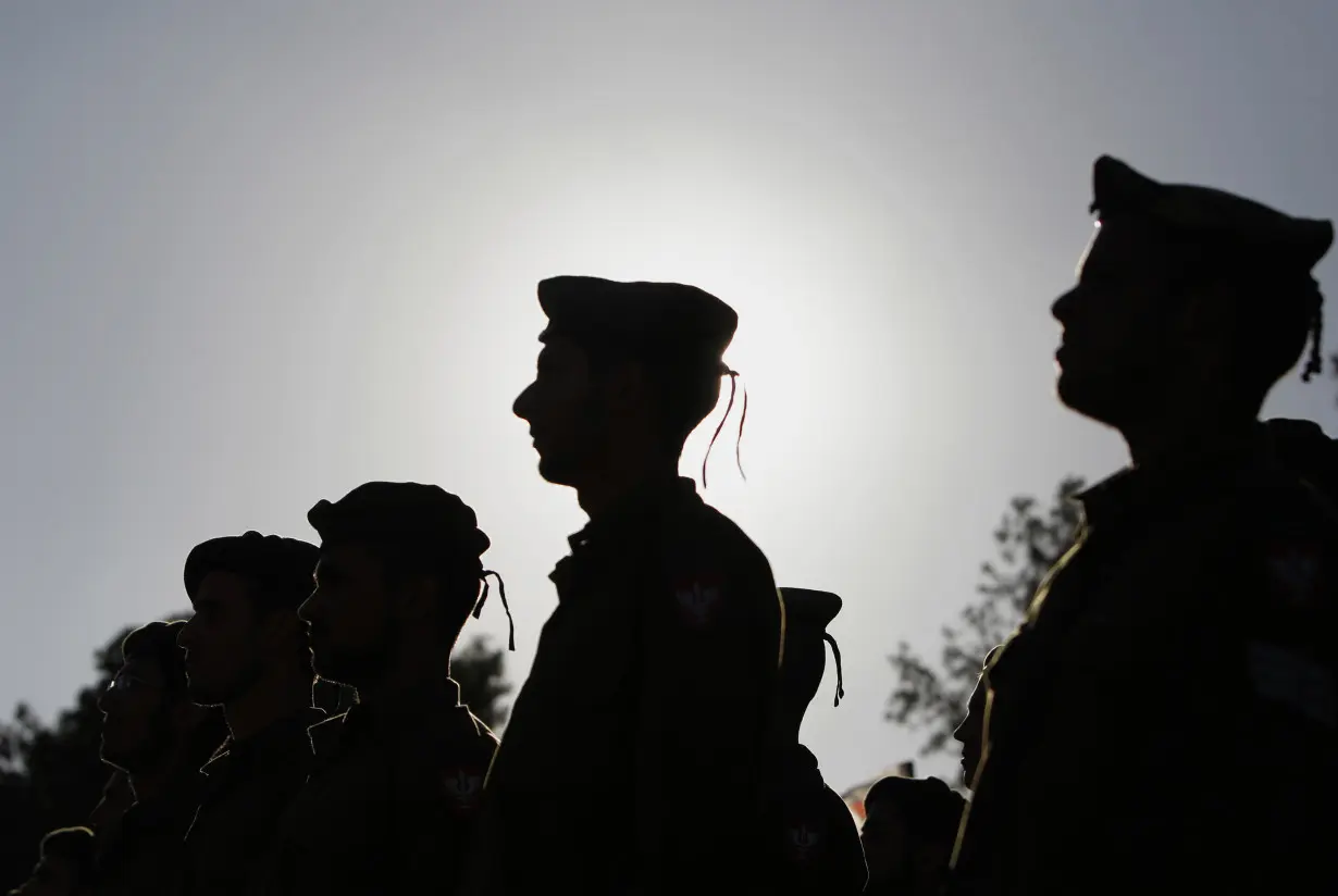 Israeli soldiers of the Netzah Yehuda Haredi infantry battalion stand at attention during their swearing-in ceremony in Jerusalem