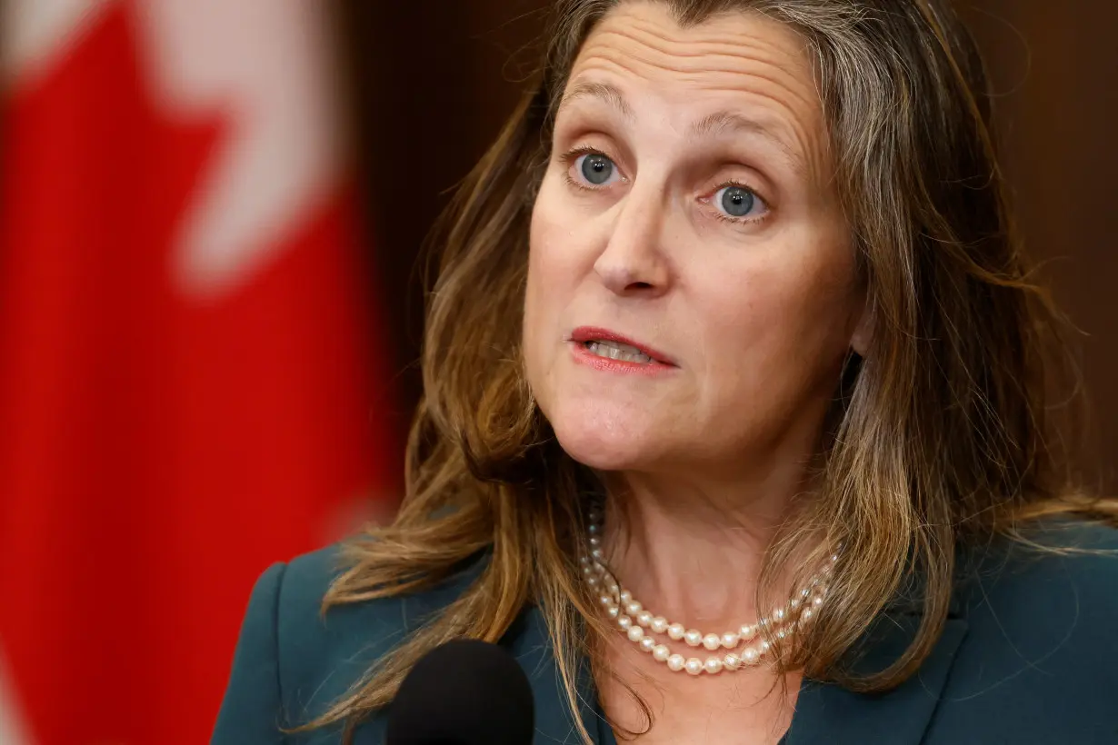 Canada's Deputy Prime Minister and Minister of Finance Freeland speaks to journalists on Parliament Hill in Ottawa