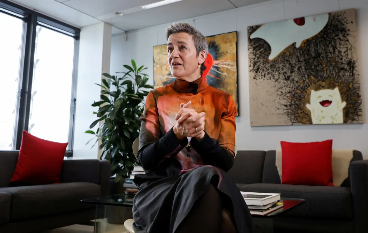 European Commission Executive Vice President Margrethe Vestager takes part in an interview with Reuters in Brussels