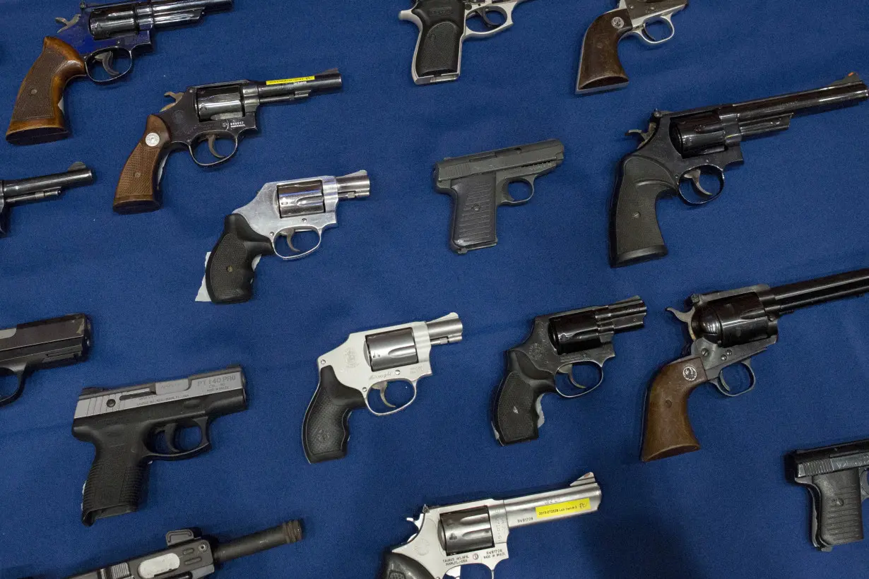 FILE PHOTO: Confiscated illegal guns are displayed during a news conference at New York City Police (NYPD) Headquarters in New York