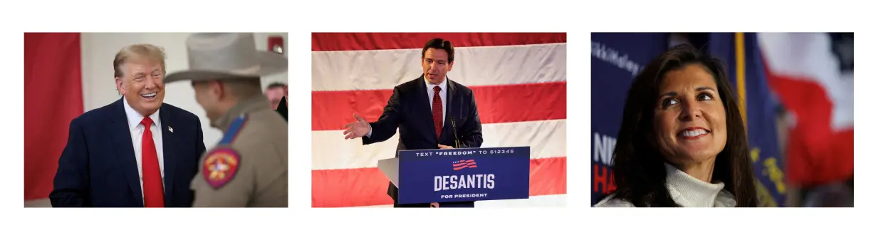 FILE PHOTO: A combination photo shows presidential candidates former U.S. President Trump, Florida Governor DeSantis and former U.S. Ambassador to the United Nations Haley