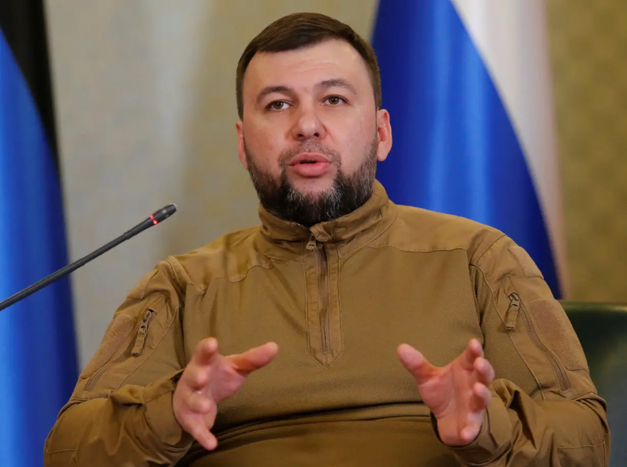 Head of the separatist self-proclaimed Donetsk People's Republic Denis Pushilin attends a news conference in Donetsk