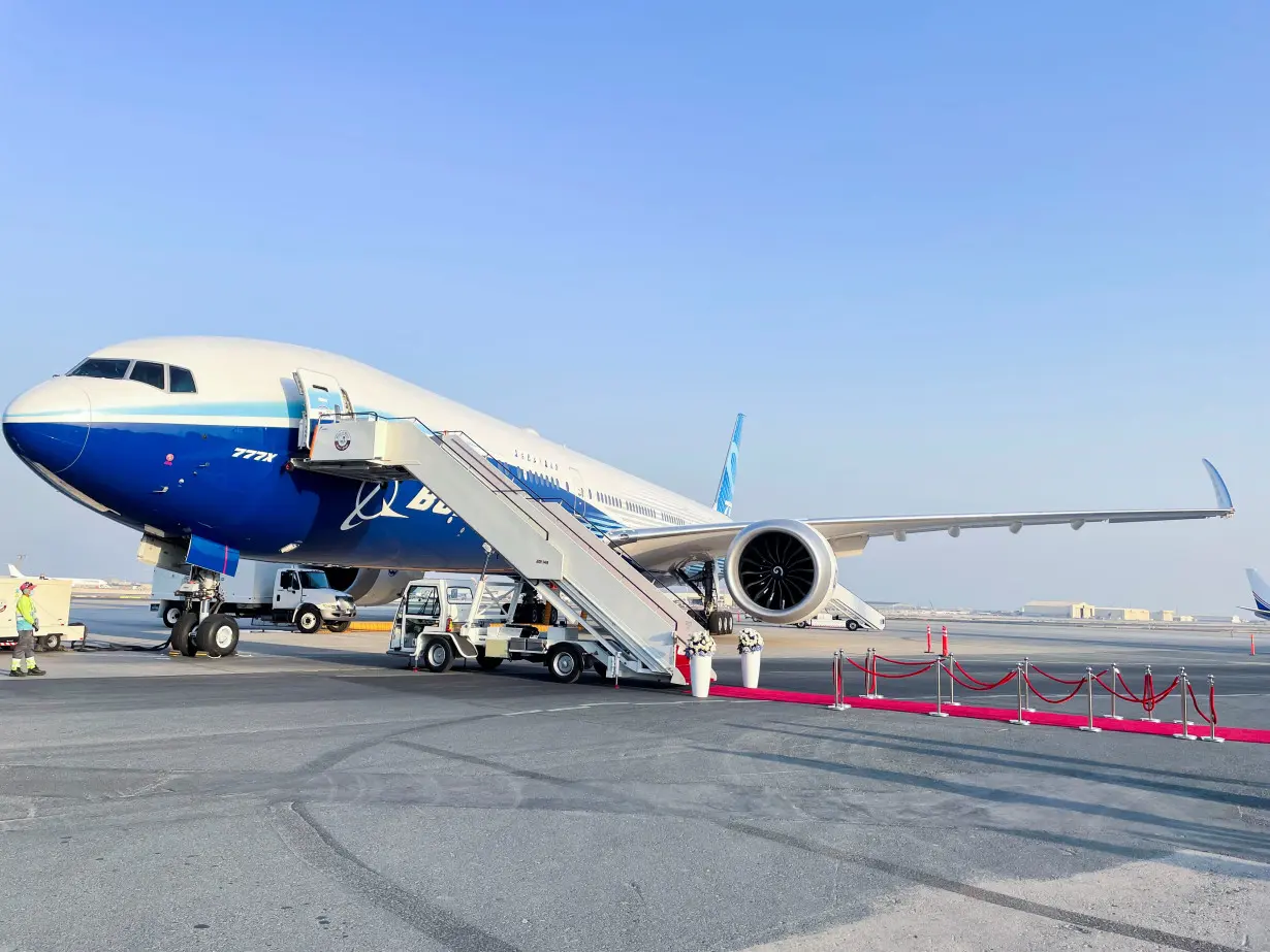 A test version of the Boeing 777X jetliner is seen at Doha International Airport, in Doha