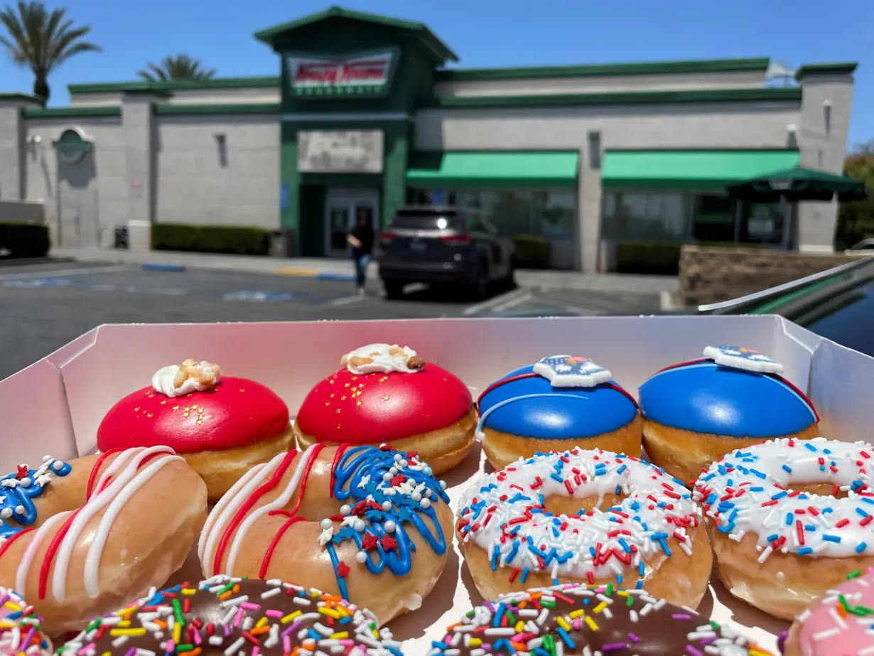 A Holiday variety box is pictured outside a Krispy Kreme Doughnuts store in Burbank