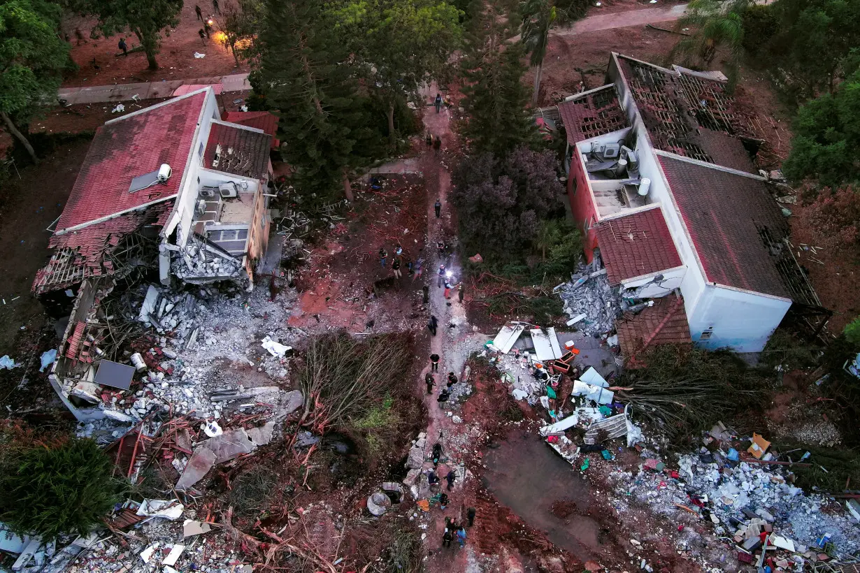 An aerial view shows damage caused following a mass infiltration by Hamas gunmen from the Gaza Strip, in Kibbutz Beeri in southern Israel