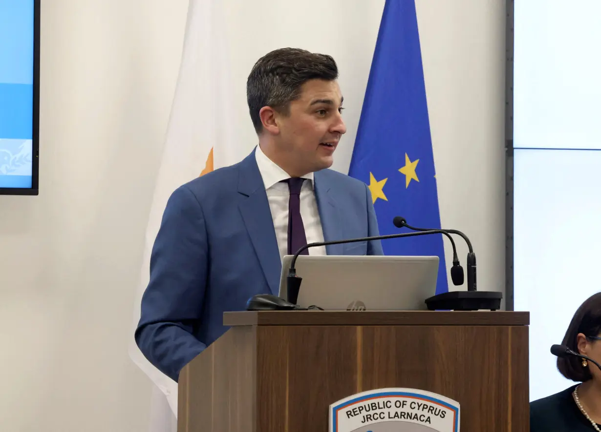 U.S. National Security Council Chief of Staff Curtis Ried speaks during a meeting for Cyprus Maritime Corridor to Gaza at the Zenon Coordination Centre in Larnaca