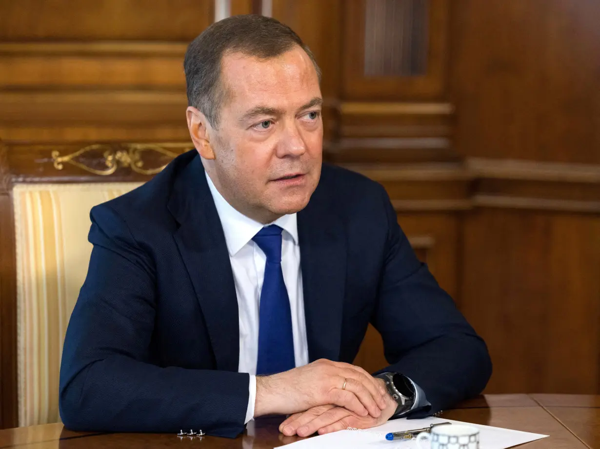 FILE PHOTO: Deputy head of Russia's Security Council Medvedev gives interview outside Moscow