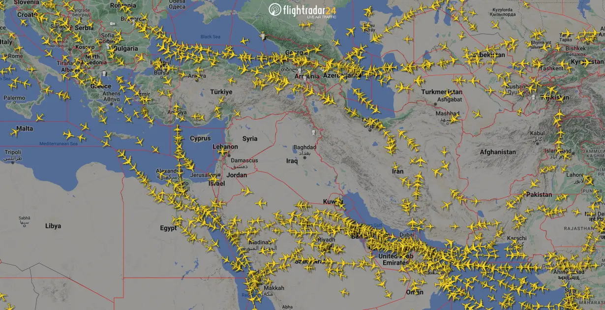 FILE PHOTO: A graphical representation of air traffic shows airspace over Iran and the neighbouring Middle East