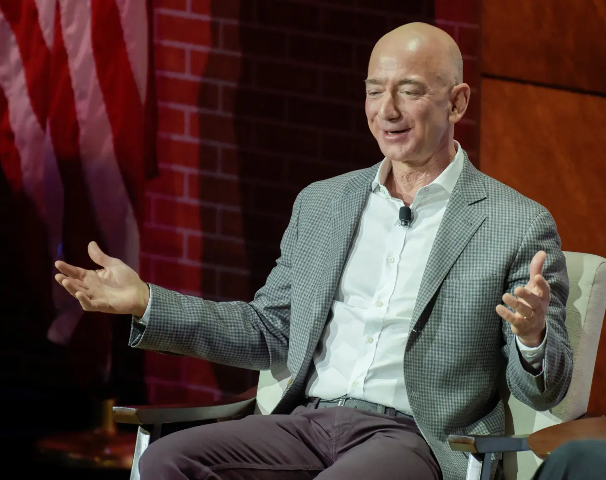 FILE PHOTO: Jeff Bezos of Amazon speaks at the Bush Center's Forum on Leadership in Dallas