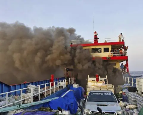 People jump into the sea to escape raging ferry fire in Gulf of Thailand. All 108 on board are safe