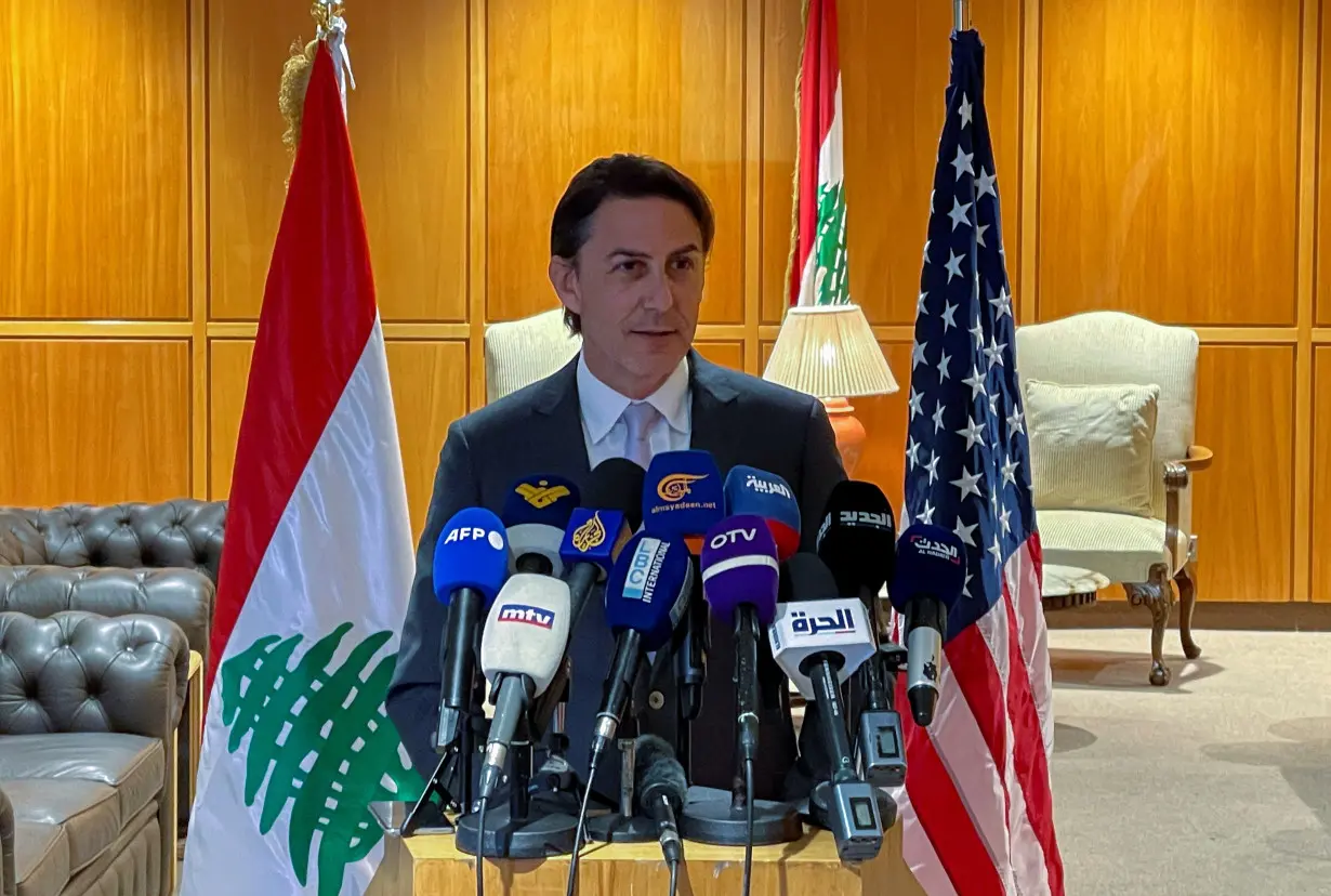 Senior White House adviser Amos Hochstein speaks at the end of his visit to Lebanon, in Beirut